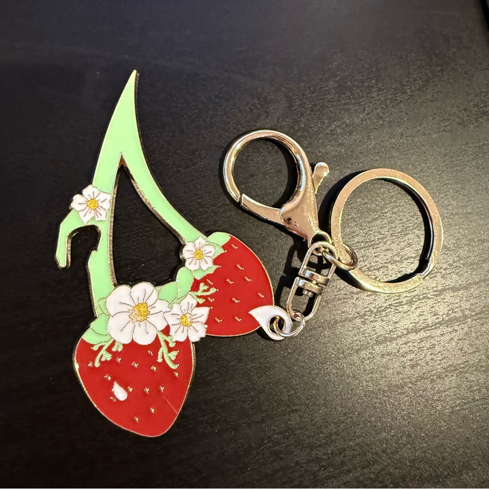 Strawberry Floral Enamel Keychain Charm Bottle Opener Red Green White Flower NEW